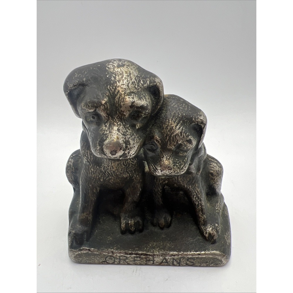 Vintage Mid-Century Solid Bronze "Orphans" Dogs Puppies Bookend Doorstop